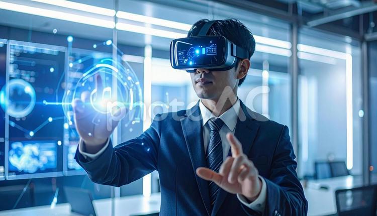 VRゴーグルをして会議するビジネスマン vr,メタバース,未来の写真素材