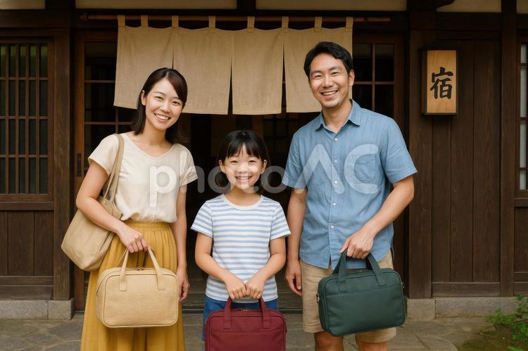 旅館の前で集合写真を撮る家族 日本人,家族,親子の写真素材