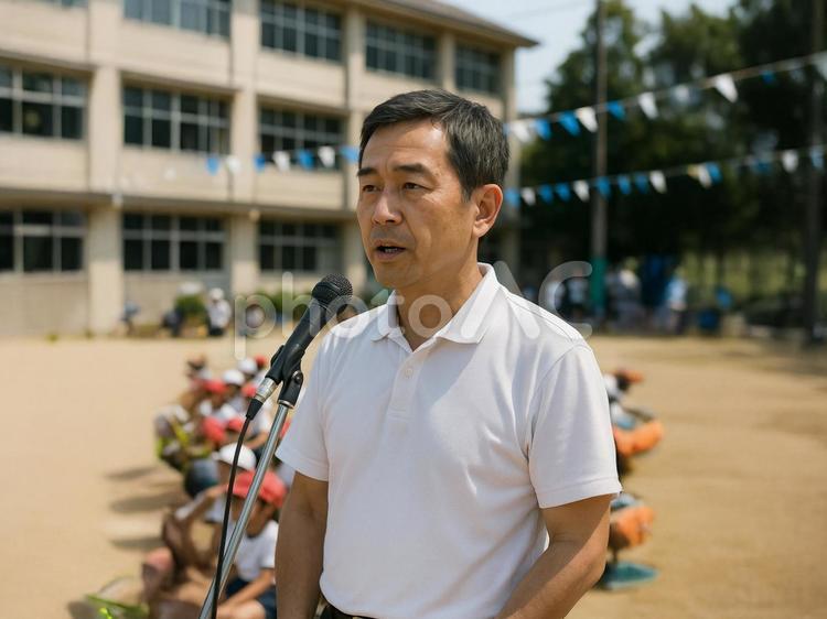 運動会でスピーチする男性 スピーチ,運動会,小学校の写真素材
