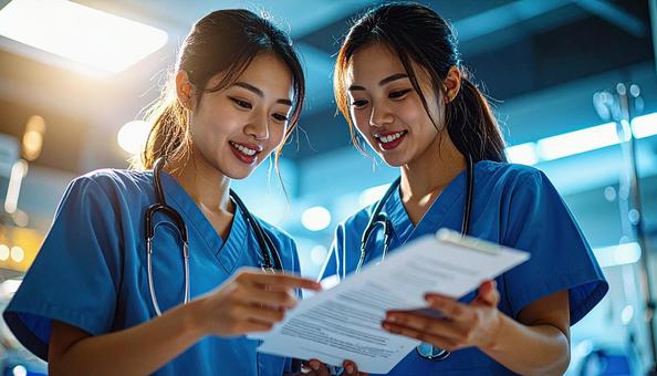 薬剤投与を二重チェックする看護師二人の写真