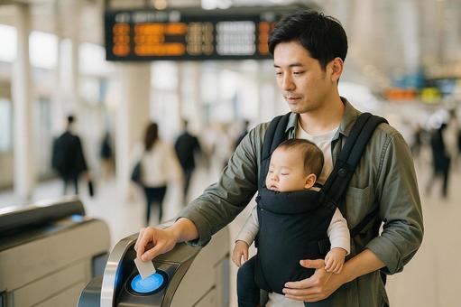 パパが抱っこ紐で駅改札ICカードをタッチ パパが抱っこ紐で駅改札ICカードをタッチの写真