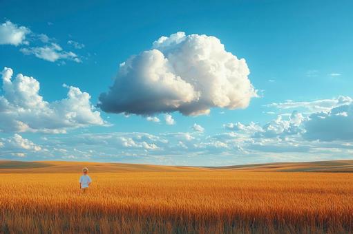 A child standing in a wheat field with a large cloud floating above, wheat field, child, cloud, JPG
