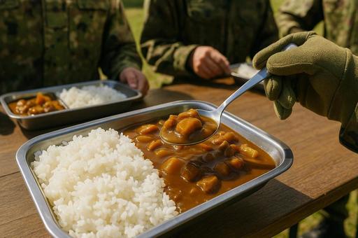 自衛隊カレー配食風景・野外炊飯・炊事訓練 自衛隊カレー配食風景・野外炊飯・炊事訓練の写真