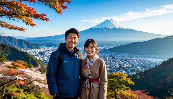 秋の紅葉の中、デートする20代カップル 秋の紅葉の中、デートする20代カップルの写真