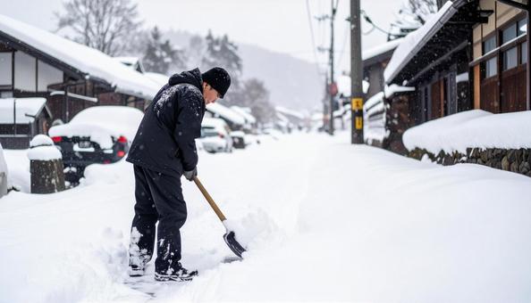 大雪が降った日の翌日の朝に雪かきする男性 大雪が降った日の翌日の朝に雪かきする男性の写真