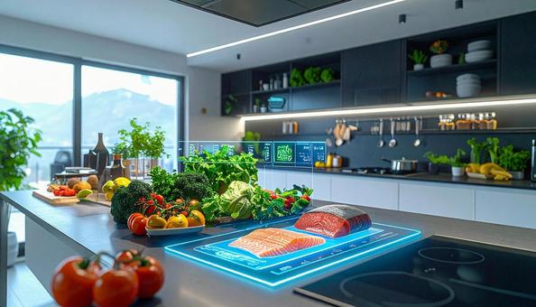 食材の並べられたキッチンにホログラム 食材の並べられたキッチンにホログラムの写真