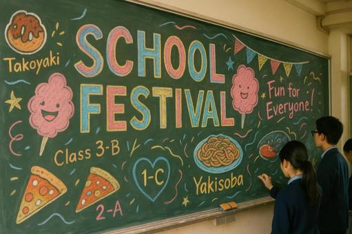 チョークアートで飾られた黒板の写真