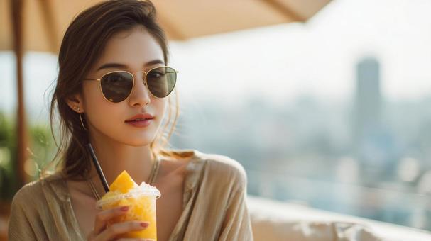 屋上カフェの女性 屋上カフェの女性の写真