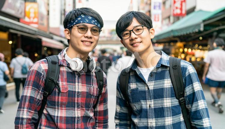 街を買物する日本人のオタク男性二人 文化,アジア人,ファッションの写真素材