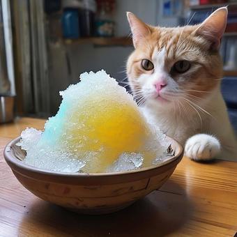 かき氷を見つめる猫の写真