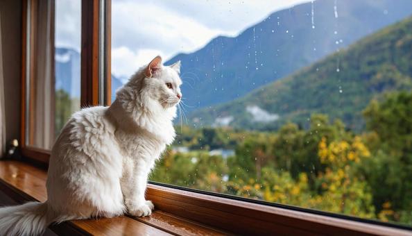 雨の日に部屋の中から窓の外を見ている猫 雨の日に部屋の中から窓の外を見ている猫の写真