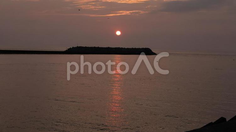 太陽が迎える海沿いの朝 海沿い,朝,日の出の写真素材