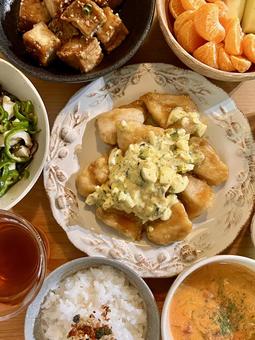 鶏むねのやわらかチキン南蛮定食 ご飯,料理,おうちごはんの写真素材