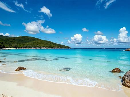 南国のエメラルドグリーンの海と砂浜の写真