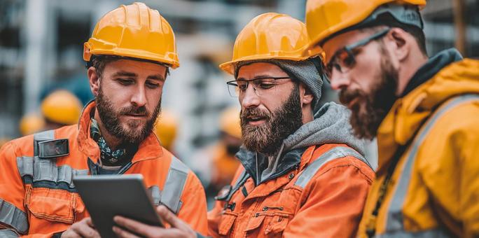 安全ヘルメットを着用し協力する作業員の写真