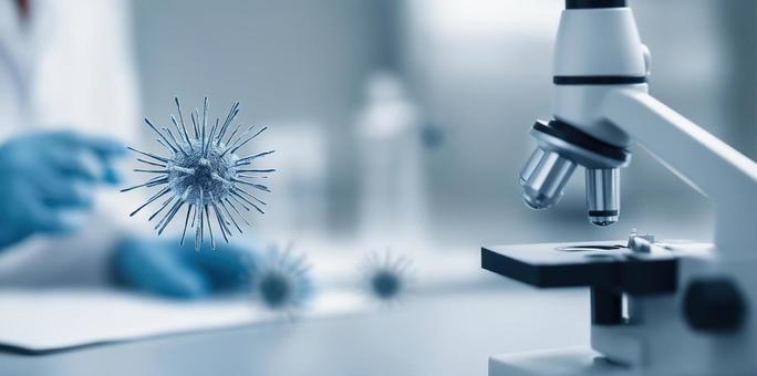 顕微鏡とウィルスと実験イメージの写真