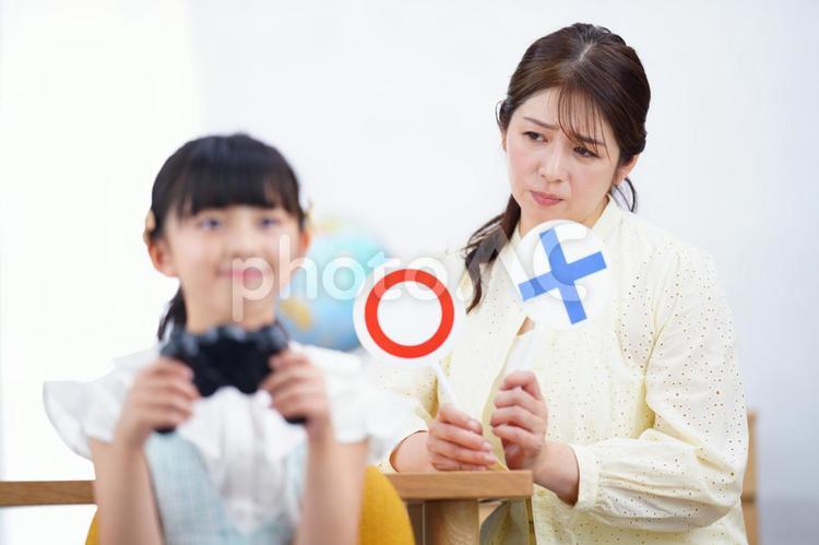 ゲーム中の娘を見る困った顔の母 母,困る,クイズプレートの写真素材