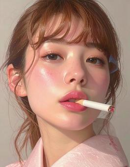 タバコを咥えた女性の口元 タバコを咥えた女性の口元の写真