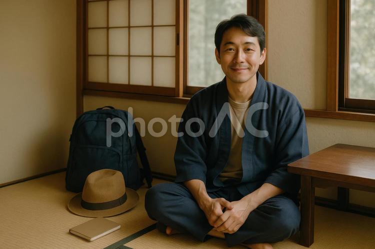 和室でくつろぐ旅行者 日本人,旅行者,和室の写真素材