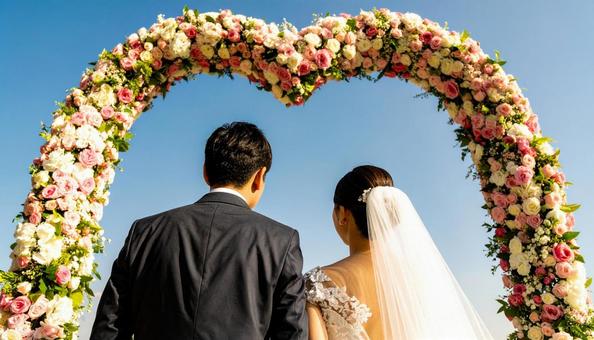ハート形の花のアーチの前の新郎新婦 ハート形の花のアーチの前の新郎新婦の写真