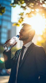 猛暑に水分補給をする男性ビジネスマンの写真