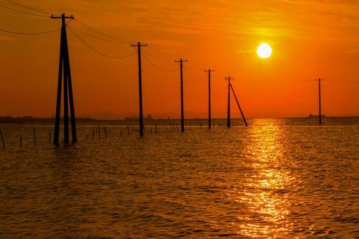 海中電柱 海中電柱,久津間海岸,木更津の写真素材