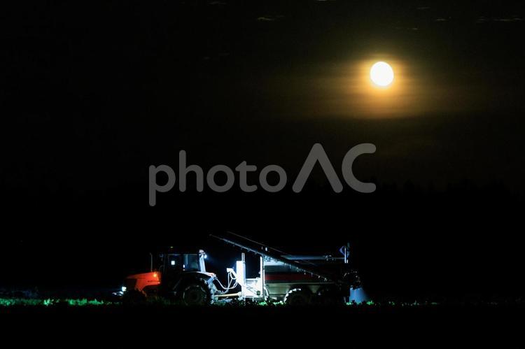 夜に作業するトラクター トラクター,夜,満月の写真素材