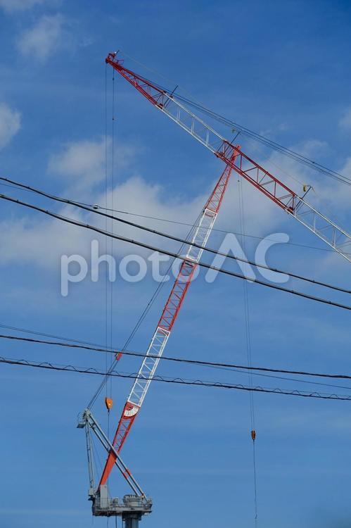 2台のクレーンと電線と青空 クレーン,クレーン車,工事の写真素材