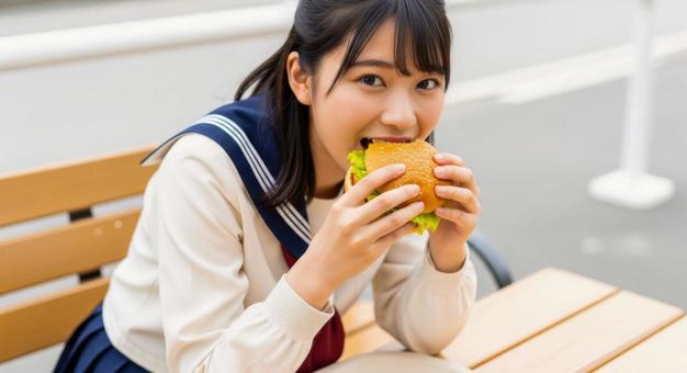 制服姿の女子高校生がハンバーガー食べるの写真