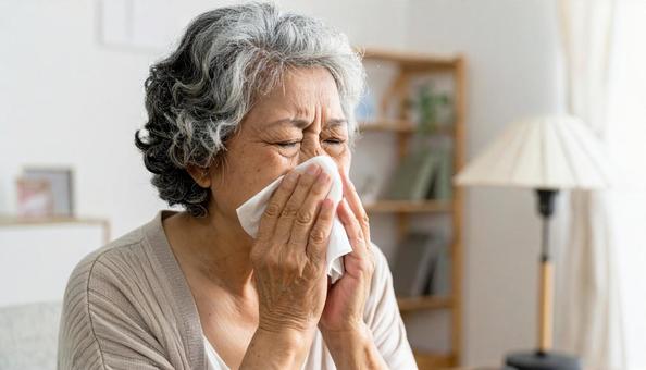 ティッシュで鼻をかむ日本人のシニア女性 ティッシュで鼻をかむ日本人のシニア女性の写真