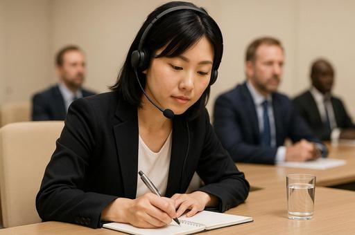 会議テーブルでメモを取る通訳 会議テーブルでメモを取る通訳の写真