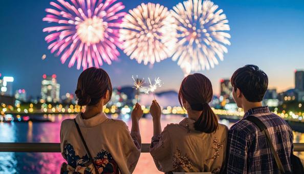 打ち上げ花火と浴衣姿の女性 打ち上げ花火と浴衣姿の女性の写真