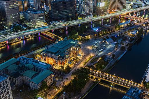 都市夜景 ステーションワン,淀屋橋,大阪の写真素材