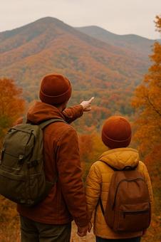 紅葉の山を眺めて 紅葉の山を眺めての写真