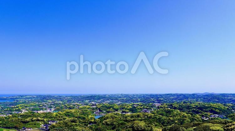 壱岐の岳ノ辻展望台から見える朝の風景 岳ノ辻展望台,海,空の写真素材