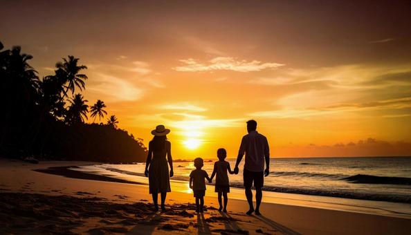 夕暮れのビーチと夕陽・家族のシルエットの写真