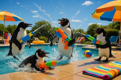 水鉄砲で遊ぶペンギンたち 水鉄砲で遊ぶペンギンたちの写真