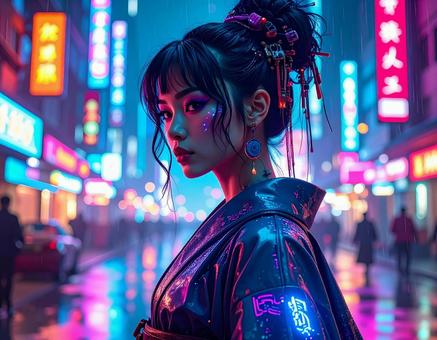 サイバーパンクな都市と芸者 サイバーパンクな都市と芸者の写真