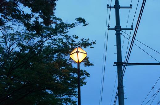 夕暮れの青空と黄色く光る街灯と電柱 街灯,ランプ,ライトの写真素材