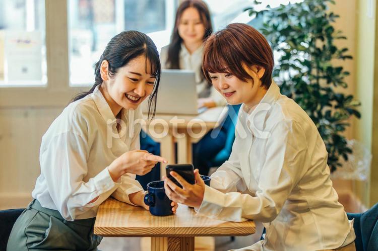 カフェにいるビジネスウーマン 打合せ,打ち合わせ,仲間の写真素材