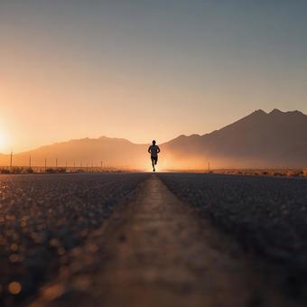 遠くまで続く道を一人で走るランナー 遠くまで続く道を一人で走るランナーの写真