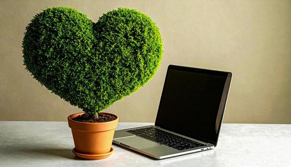 ハート型の小さな木とノートパソコン ハート型の小さな木とノートパソコンの写真