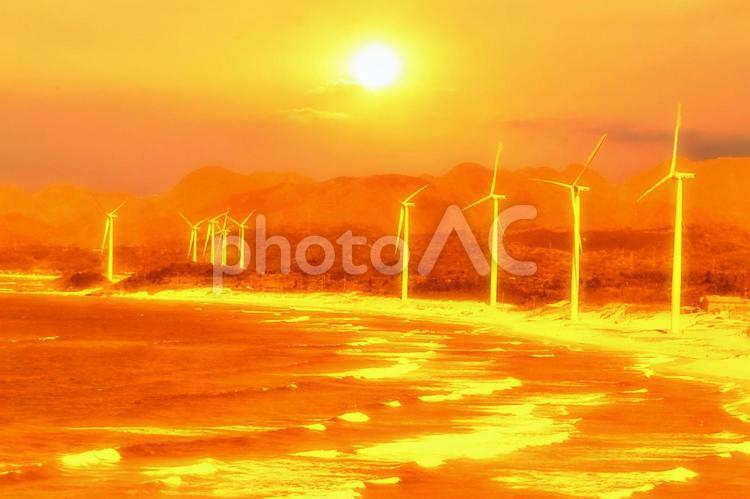 朝焼けの日本海沿岸と風力発電・イメージ 朝焼け,風力発電,エコの写真素材