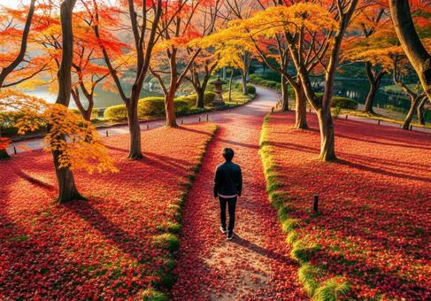 秋色に染まる庭園を散策する革ジャンの男性 秋色に染まる庭園を散策する革ジャンの男性の写真