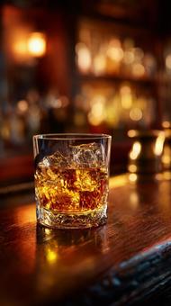 Whiskey and ice illuminated by warm lighting, whisky, glass, ice, JPG