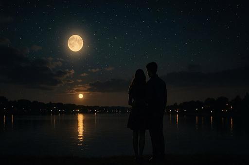 星空と湖畔の恋人・ロマンチックな夜・星空 星空と湖畔の恋人・ロマンチックな夜・星空の写真