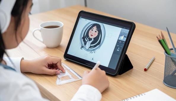 タブレットPCでイラストを描く小学生手元 タブレットPCでイラストを描く小学生手元の写真
