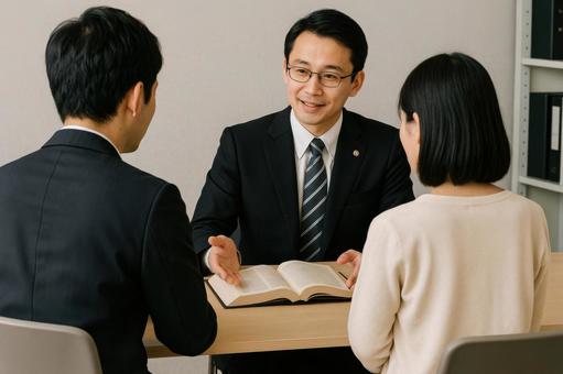 裁判所外で話す弁護士 裁判所外で話す弁護士の写真