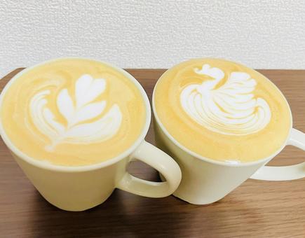 カフェラテ カフェラテ コーヒー,スワン,チューリップの写真素材