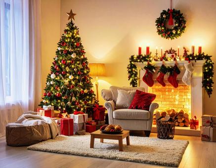 クリスマスの飾り付けをしたリビング クリスマスの飾り付けをしたリビングの写真